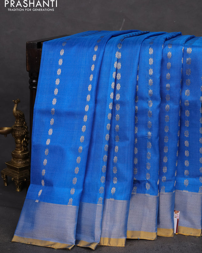 Pure uppada silk saree cs blue and mustard yellow with allover silver zari woven buttas and silver zari woven border