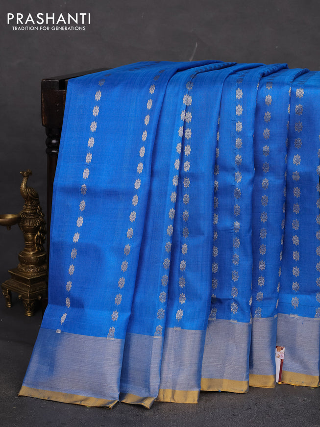 Pure uppada silk saree cs blue and mustard yellow with allover silver zari woven buttas and silver zari woven border