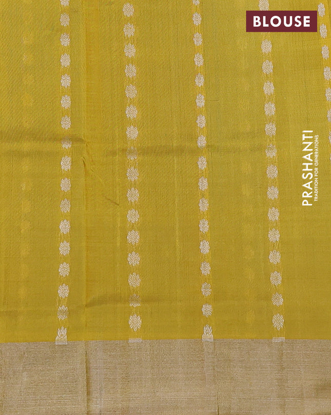 Pure uppada silk saree cs blue and mustard yellow with allover silver zari woven buttas and silver zari woven border