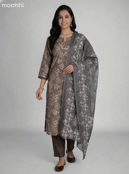 Dark Grey Art Silk Floral Printed Straight Suit