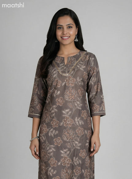 Dark Grey Art Silk Floral Printed Straight Suit