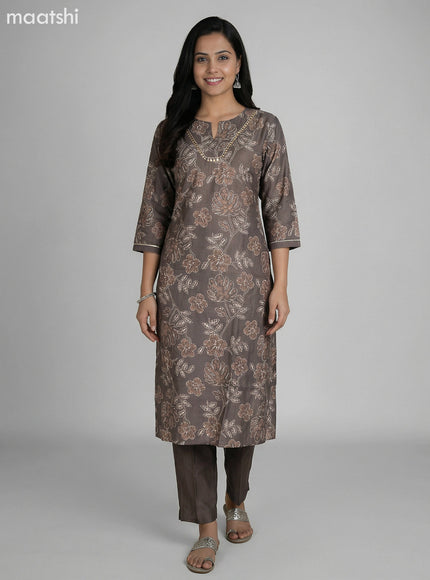 Dark Grey Art Silk Floral Printed Straight Suit