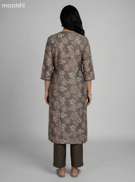 Dark Grey Art Silk Floral Printed Straight Suit