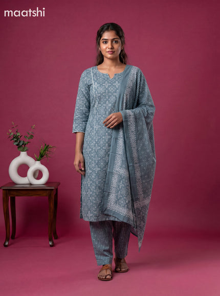 Greyish Blue Cotton Printed Straight Suit