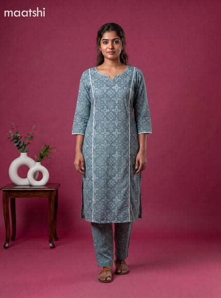 Greyish Blue Cotton Printed Straight Suit