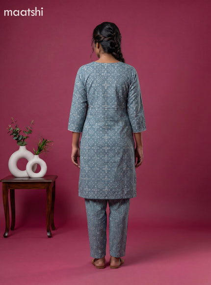 Greyish Blue Cotton Printed Straight Suit