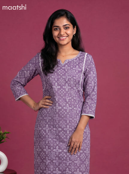 Lavender and Off White Cotton Printed Straight Suit