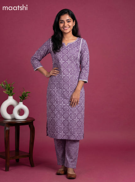 Lavender and Off White Cotton Printed Straight Suit