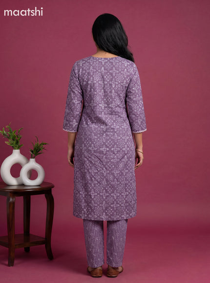 Lavender and Off White Cotton Printed Straight Suit