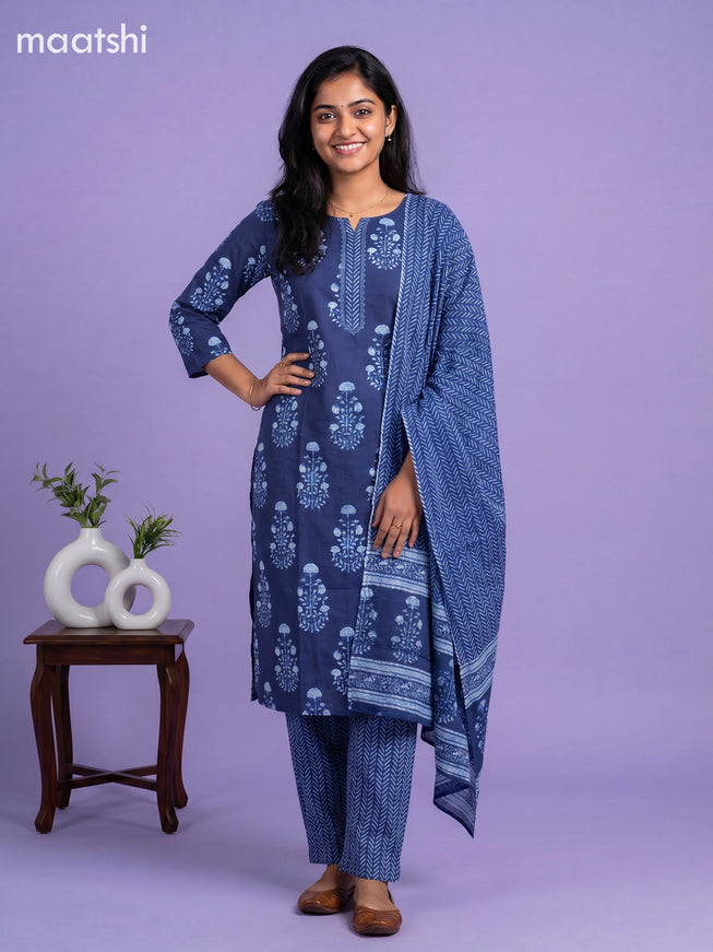 Blue Cotton Printed Straight Suit