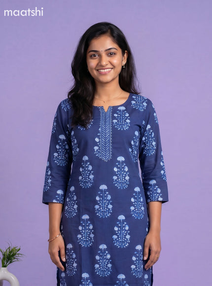 Blue Cotton Printed Straight Suit