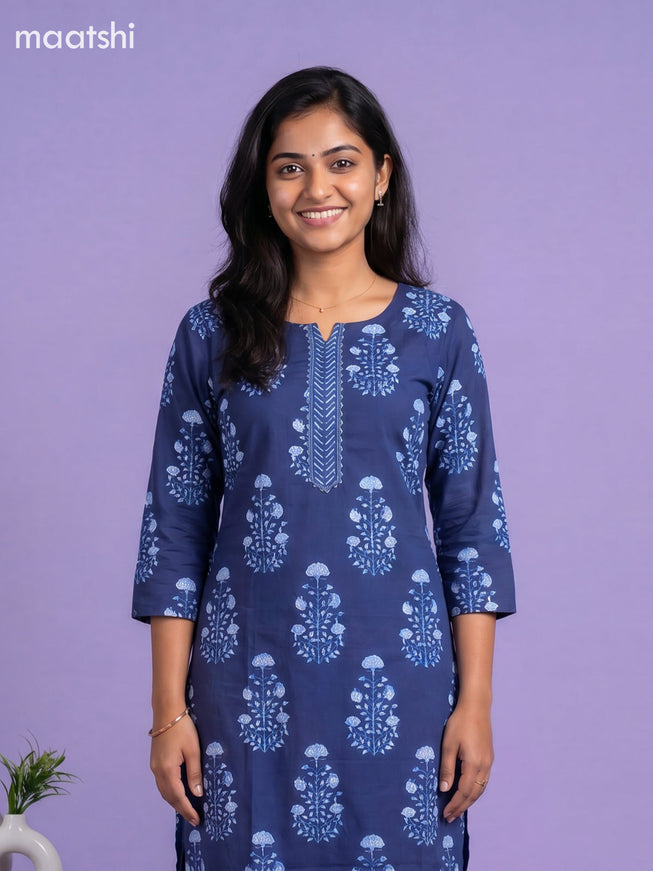 Blue Cotton Printed Straight Suit