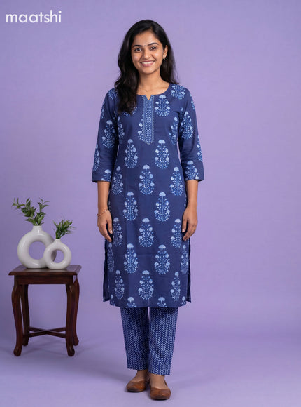 Blue Cotton Printed Straight Suit