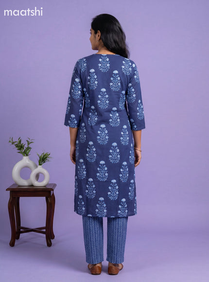 Blue Cotton Printed Straight Suit