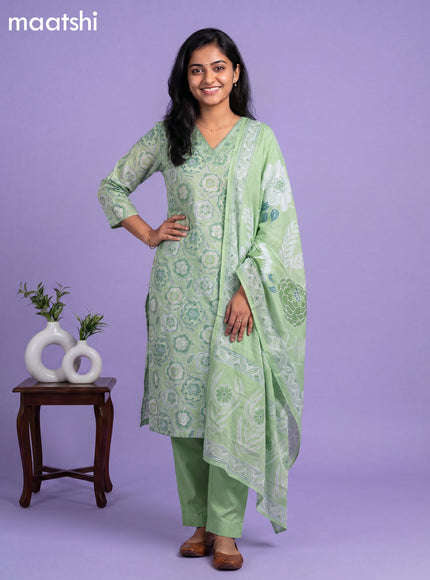 Green Cotton Printed & Simple Embroidery Work Neck Pattern Straight Suit