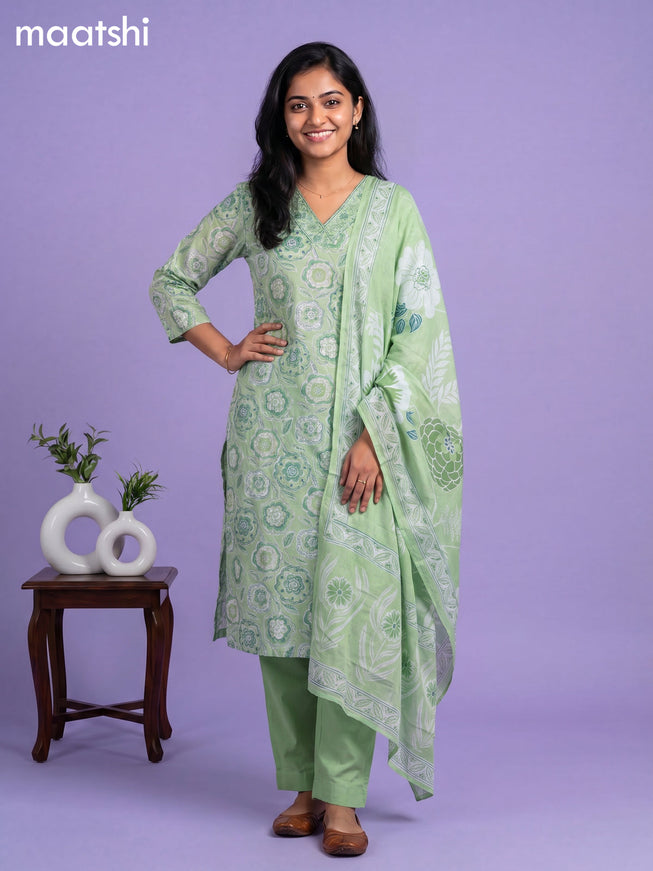 Green Cotton Printed & Simple Embroidery Work Neck Pattern Straight Suit