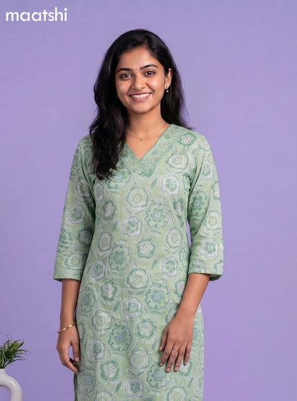 Green Cotton Printed & Simple Embroidery Work Neck Pattern Straight Suit