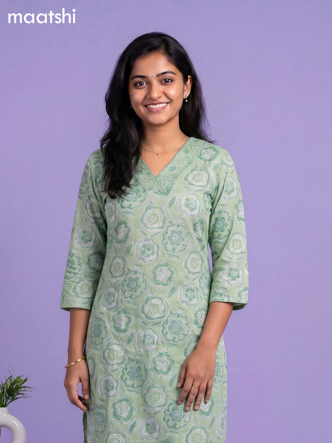 Green Cotton Printed & Simple Embroidery Work Neck Pattern Straight Suit