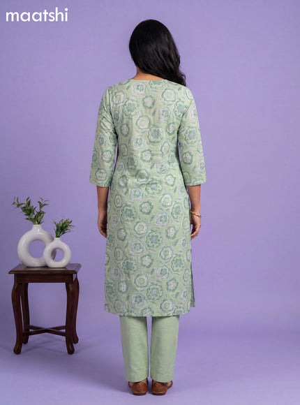 Green Cotton Printed & Simple Embroidery Work Neck Pattern Straight Suit
