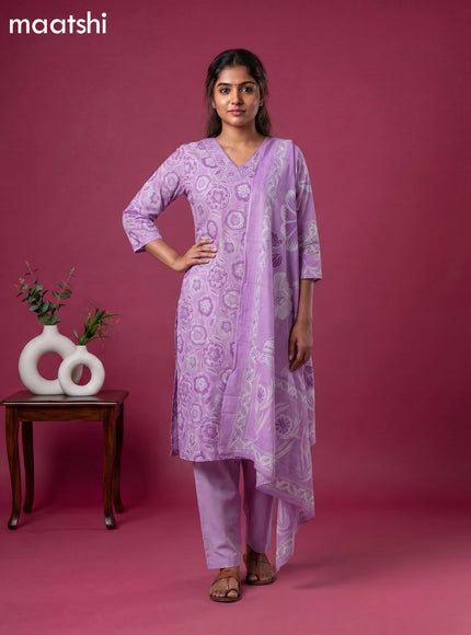 Lavender Cotton Printed & Simple Embroidery Work Neck Pattern Straight Suit