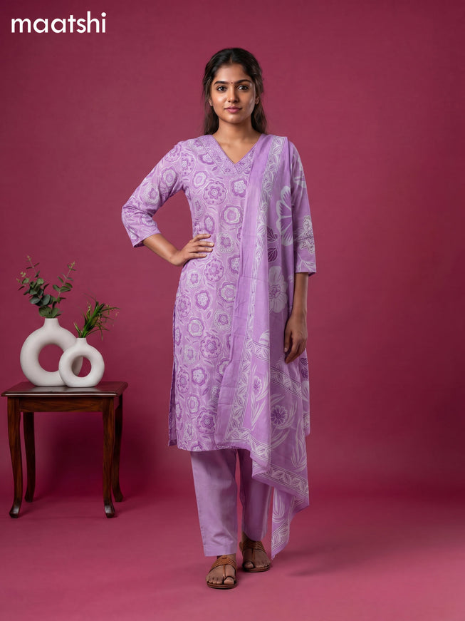Lavender Cotton Printed & Simple Embroidery Work Neck Pattern Straight Suit