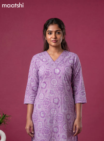Lavender Cotton Printed & Simple Embroidery Work Neck Pattern Straight Suit