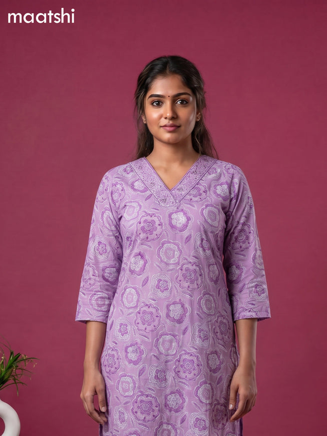 Lavender Cotton Printed & Simple Embroidery Work Neck Pattern Straight Suit