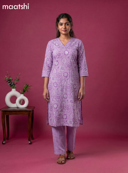 Lavender Cotton Printed & Simple Embroidery Work Neck Pattern Straight Suit