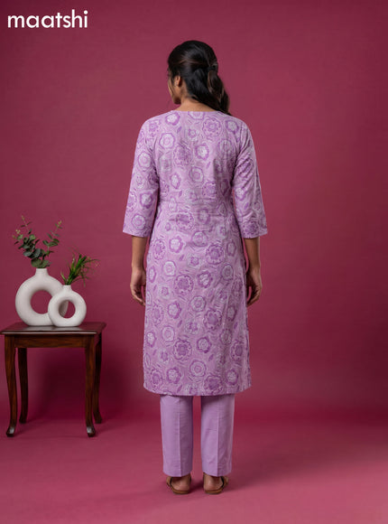 Lavender Cotton Printed & Simple Embroidery Work Neck Pattern Straight Suit