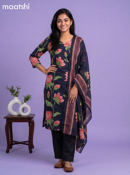 Dark Blue Cotton Printed & Simple Embroidery Work Neck Pattern Straight Suit