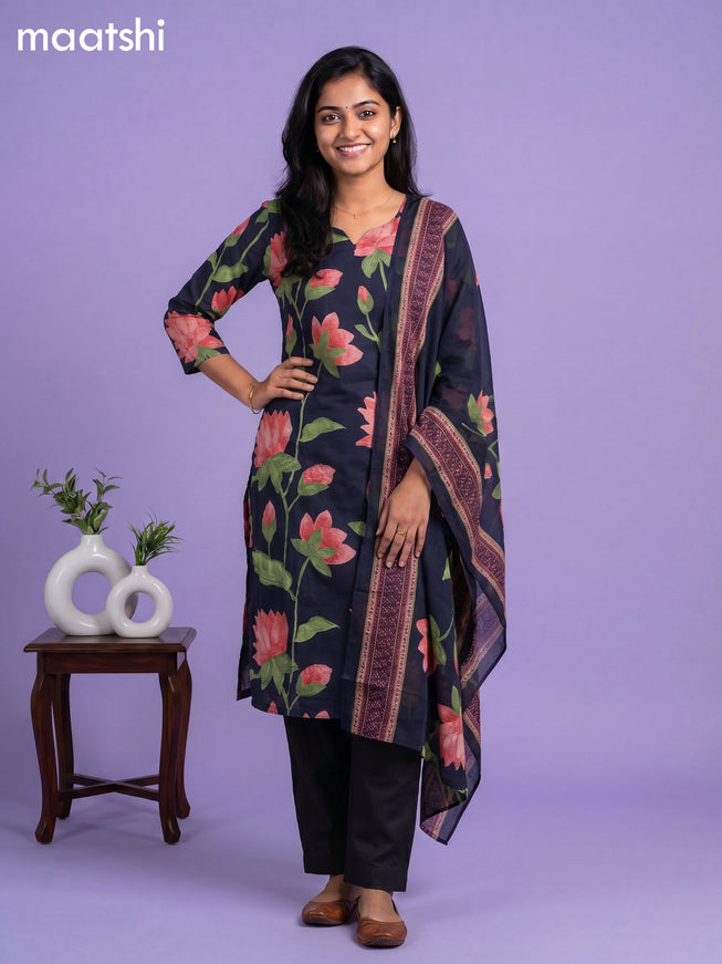 Dark Blue Cotton Printed & Simple Embroidery Work Neck Pattern Straight Suit