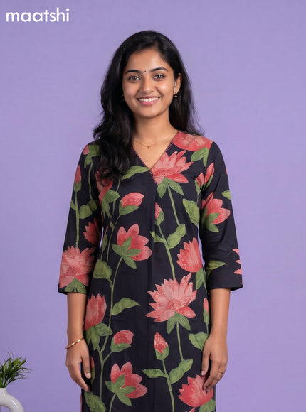 Dark Blue Cotton Printed & Simple Embroidery Work Neck Pattern Straight Suit