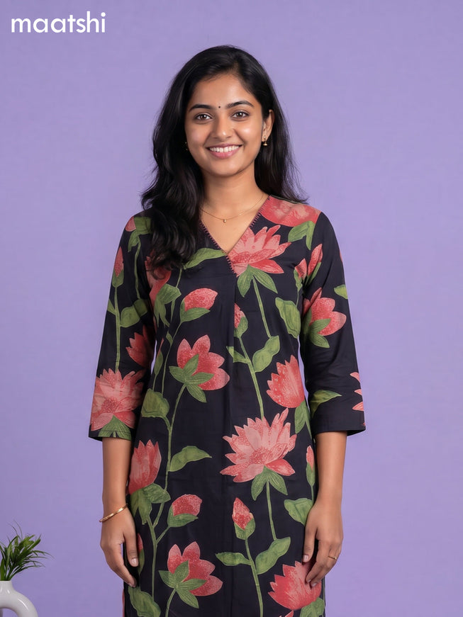 Dark Blue Cotton Printed & Simple Embroidery Work Neck Pattern Straight Suit