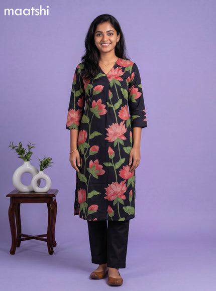 Dark Blue Cotton Printed & Simple Embroidery Work Neck Pattern Straight Suit