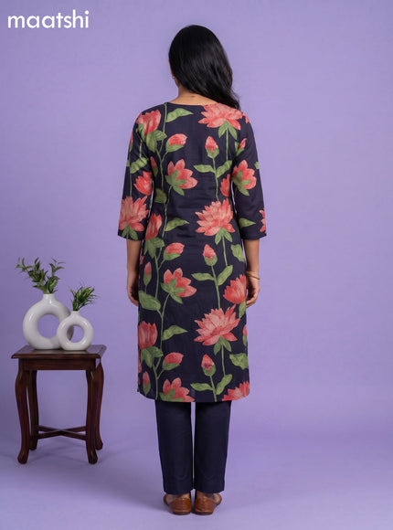 Dark Blue Cotton Printed & Simple Embroidery Work Neck Pattern Straight Suit