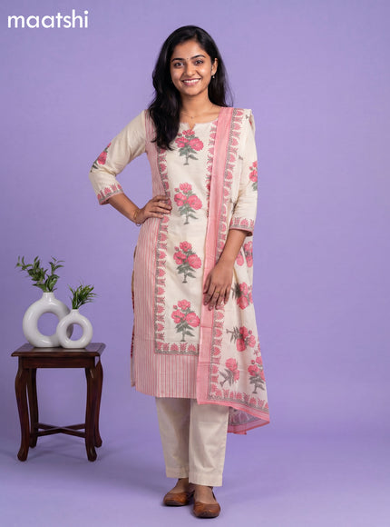 Cream and Pink Cotton Floral Printed Straight Suit