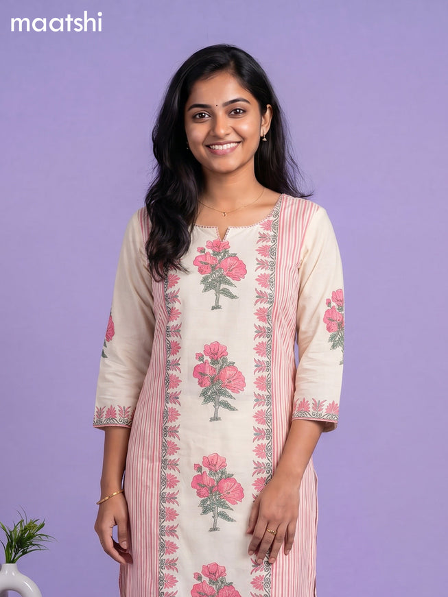 Cream and Pink Cotton Floral Printed Straight Suit