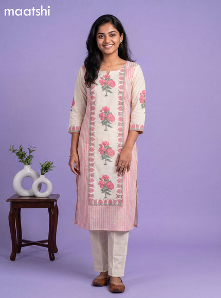 Cream and Pink Cotton Floral Printed Straight Suit