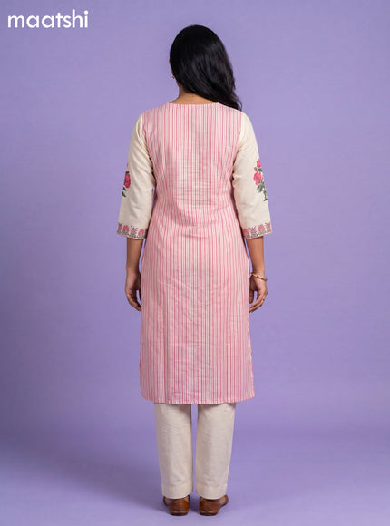 Cream and Pink Cotton Floral Printed Straight Suit