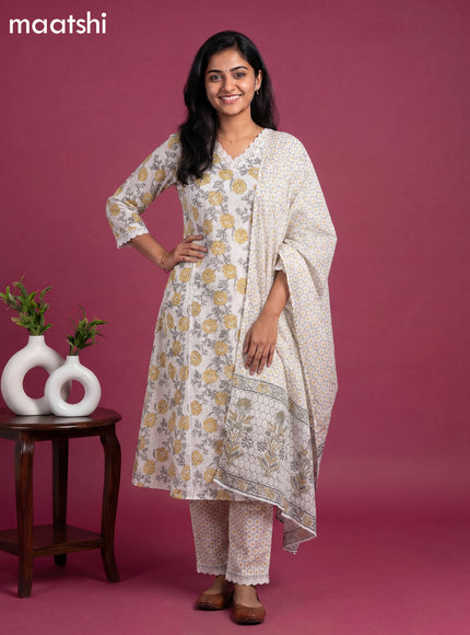 White Cotton Floral Printed & Lace Work A-Line Suit