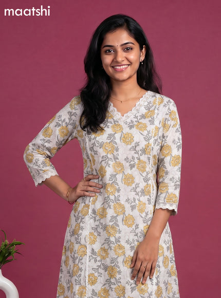 White Cotton Floral Printed & Lace Work A-Line Suit