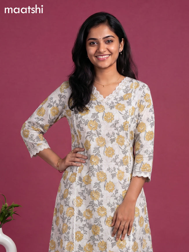 White Cotton Floral Printed & Lace Work A-Line Suit