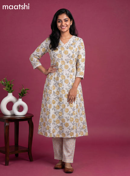 White Cotton Floral Printed & Lace Work A-Line Suit