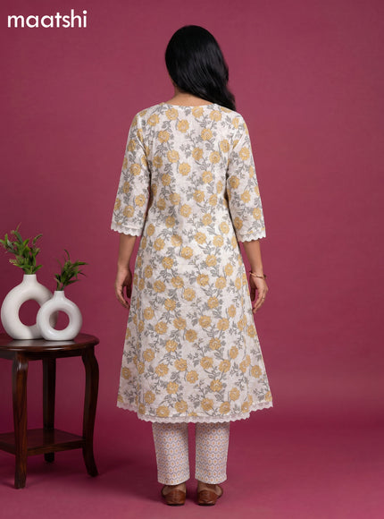 White Cotton Floral Printed & Lace Work A-Line Suit