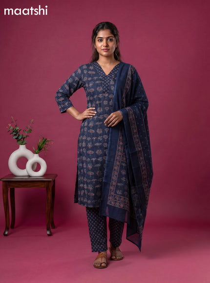Dark Blue Cotton Floral Printed & Lace Work Straight Suit