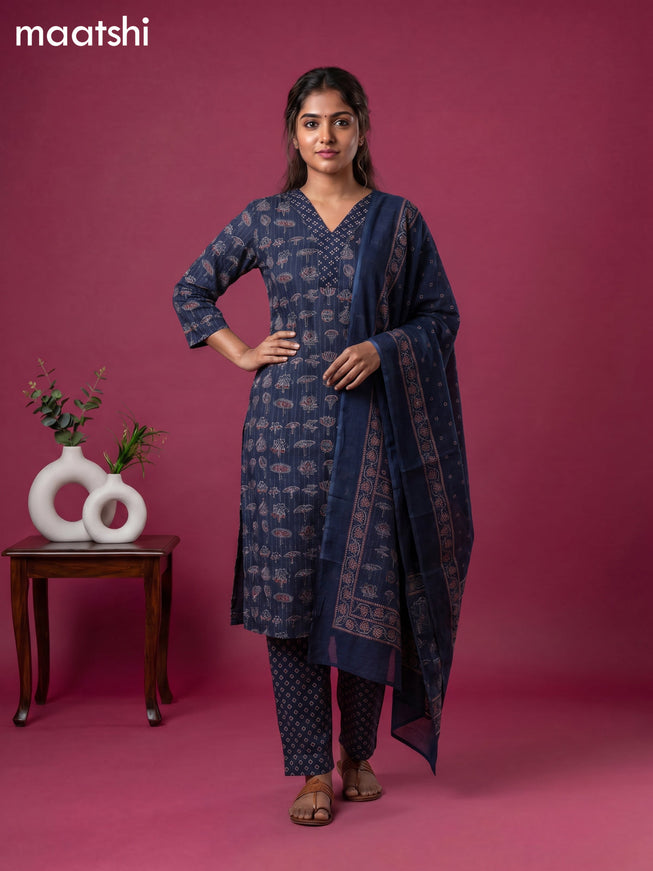 Dark Blue Cotton Floral Printed & Lace Work Straight Suit