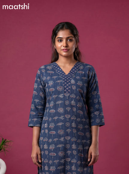 Dark Blue Cotton Floral Printed & Lace Work Straight Suit