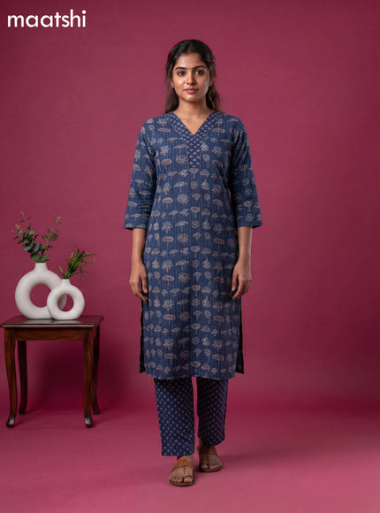 Dark Blue Cotton Floral Printed & Lace Work Straight Suit
