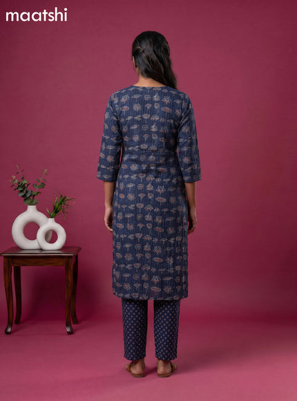 Dark Blue Cotton Floral Printed & Lace Work Straight Suit