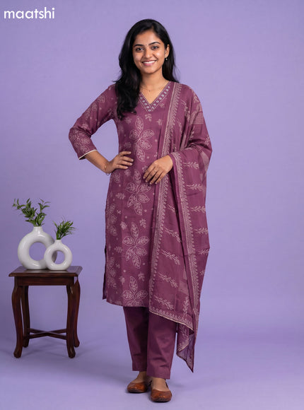Wine Cotton Printed & Simple Embroidery Work Straight Suit